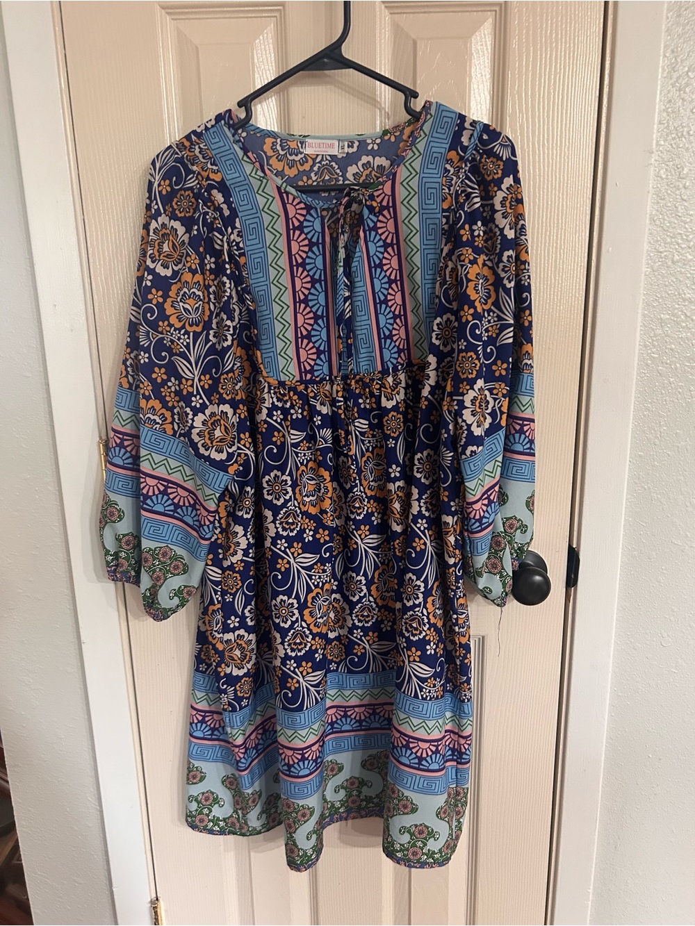 Boho Floral Navy and Light Blue Peasant Dress - Brand is Bluelome from Amazon.